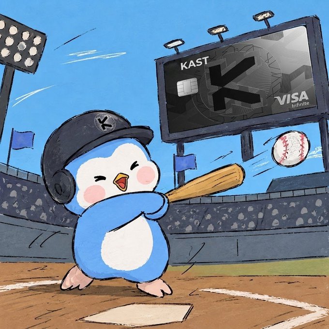 A cute cartoon illustration shows a blue penguin wearing a black baseball helmet with a 'K' logo, swinging a bat at a baseball in a stadium. A billboard in the background advertises 'KAST' with a Visa Infinite logo.