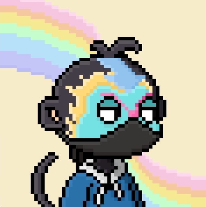 A pixel art illustration of a small blue character with a black mask and multicolored face patches, set against a cream background with a rainbow streak.