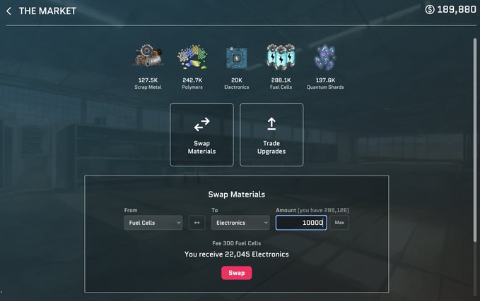 A game interface titled "THE MARKET" showing "Swap Materials" with "From: Fuel Cells" to "To: Electronics", displaying "Fee: 300 Fuel Cells" and "You receive: 22,045 Electronics".