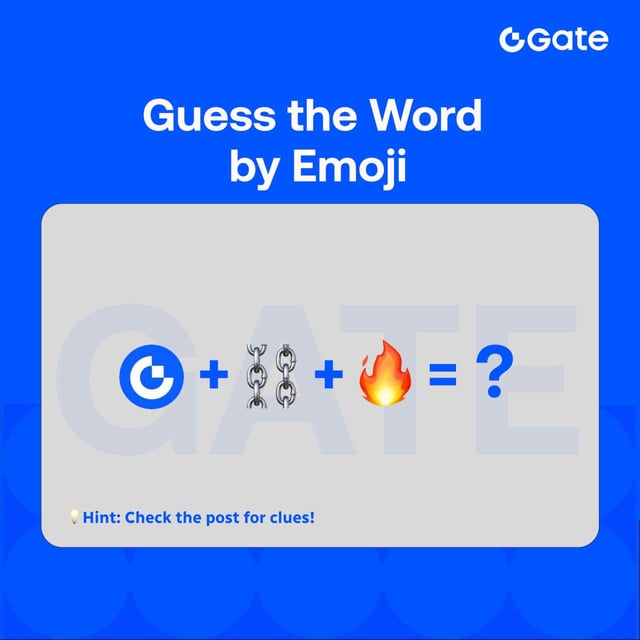 A blue graphic from Gate.io titled 'Guess the Word by Emoji' showing a puzzle: a Gate.io logo, a plus sign, chains, a plus sign, a fire emoji, an equals sign, and a question mark, with a hint reading 'Hint: Check the post for clues!'.