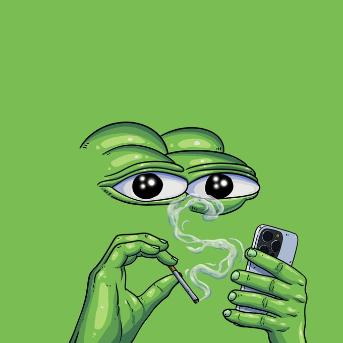 A stylized cartoon illustration on a bright green background depicting an anthropomorphic frog face with large expressive eyes, holding a cigarette in one hand and a smartphone in the other.