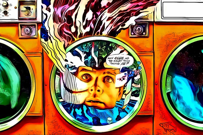 A vibrant, psychedelic digital collage depicts a wide-eyed face peering out from a washing machine's circular porthole, with a small speech bubble reading "ANY CLUE AS TO WHAT THIS THING IS!" against a backdrop of swirling multicolored smoke and adjacent laundry machines.

The image's surreal, mixed-media aesthetic aligns with the post's description of "Full of Scars" as a hybrid work combining paint, digital, and collage techniques.