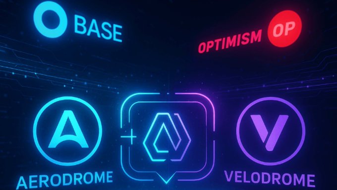 A neon Base/Optimism graphic shows “AERODROME” and “VELODROME” logos around a central crypto-themed emblem.