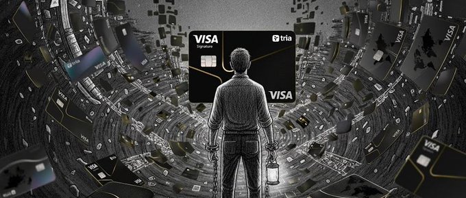 The image depicts a person standing in front of a credit card machine displaying Visa and Mastercard logos. It also features various other logos, including Twitter, Facebook, and Instagram, suggesting that this could be an advertisement or promotional material associated with these social media platforms. The text in the image reads "TRIA is unique. All other tokens are just hype. Nothing tangible. But @useTria earns $1 a week. Every time @useTria gains 100 new followers, a significant portion of that revenue is regularly distributed to @useTria holders as real value through staking rewards and".