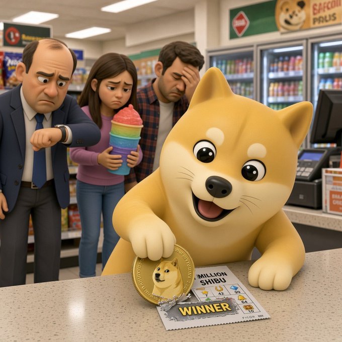 In a 3D cartoon-style convenience store scene, a smiling Shiba Inu dog excitedly presents a gold "Million Shibu" coin and a winning lottery ticket at the checkout counter, while three dismayed customers—including a businessman checking his watch and a woman holding a rainbow shaved ice—look on in disappointment. The image playfully promotes the $SHIBU ShibuCoinSolana giveaway, with the dog mascot acting as the lucky winner eager to share the crypto prize.