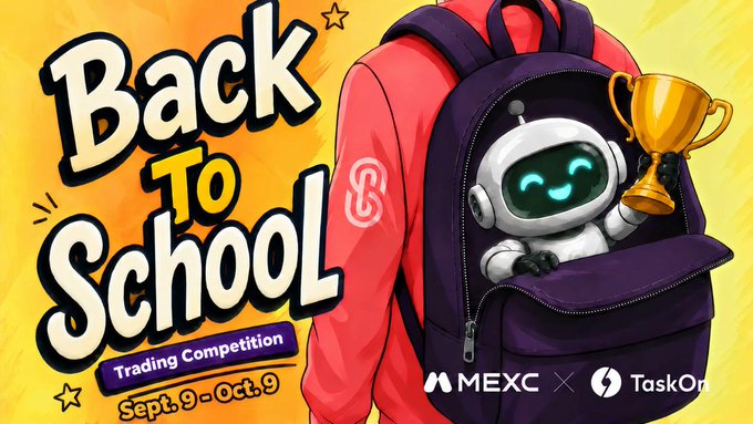 A colorful promotional banner for a "Back to School" trading competition running from September 9 to October 9, featuring a cheerful robot character peeking out of a red backpack while holding a gold trophy. The image is co-branded by MEXC and TaskOn, tying into the announcement of a $SINGULARRY trading competition that blends back-to-school themes with crypto trading excitement.