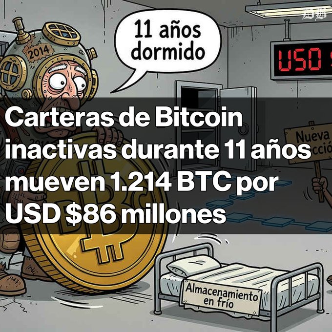 A Spanish-language cartoon featuring a Bitcoin octopus-diver in a 2014 helmet, with a speech bubble reading '11 años dormido' and news text stating that inactive Bitcoin wallets moved 1,214 BTC worth $86 million.