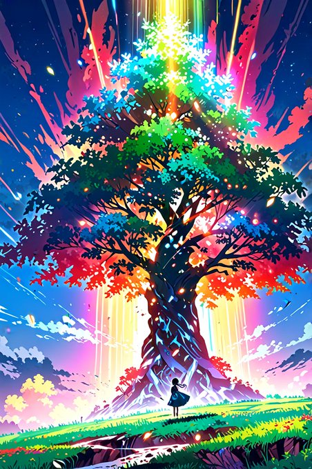 Vibrant anime-style illustration of a tiny figure standing before a massive, glowing multicolored tree with rainbow light rays bursting from the top.