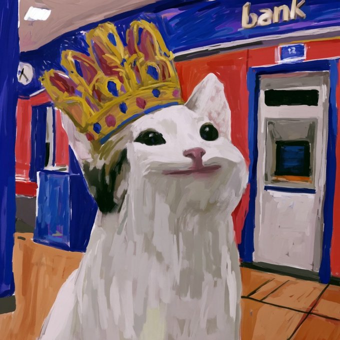 A digital painting of a white cat wearing an ornate golden crown standing in front of what appears to be a bank with an ATM.