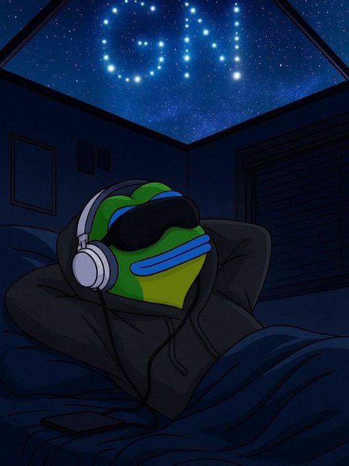 Illustration of Pepe the Frog wearing a VR headset and headphones, lying in bed under a starry night sky.