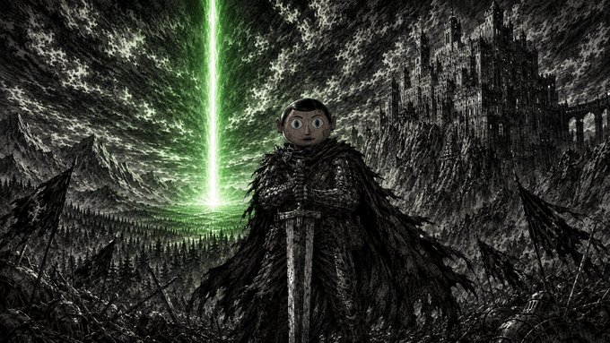 A dark, dramatic illustration combining 'Game of Thrones' and Star Wars imagery, showing a figure with a PewDiePie-style face wearing armor and a dark cloak, holding a sword in front of a green lightsaber beam.