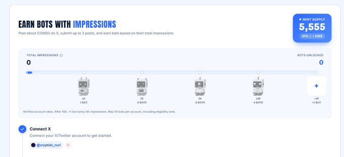 Screenshot of a platform interface titled "EARN BOTS WITH IMPRESSIONS" showing a mint supply of 5,555, a progress tracker for unlocking bots, and a connected X/Twitter account "@cryptoB_nuri".