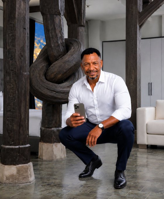 A man in a white shirt and dark pants sits on a stone bench holding an iPhone, posed in front of a large wooden knot sculpture in a modern interior space.