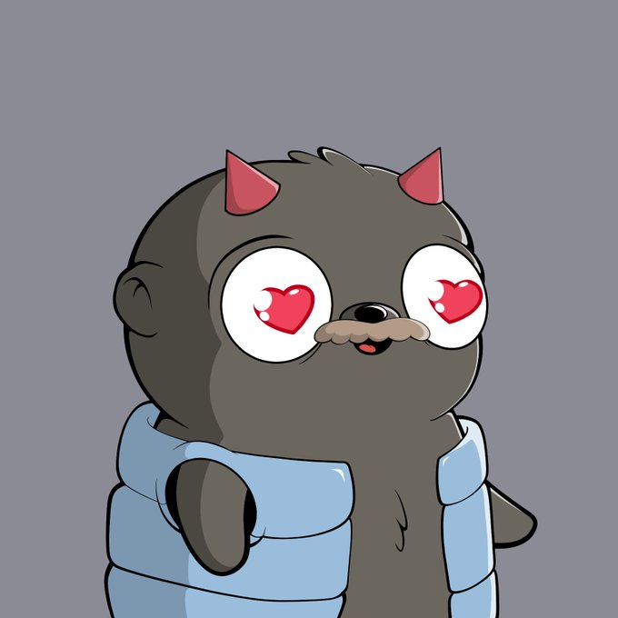 A cartoon illustration of a dark gray cat-like character with red devil horns and heart-shaped eyes, wearing a puffy light blue vest against a gray background.