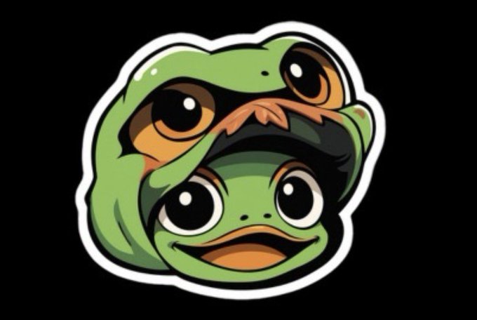 A cartoon sticker-style illustration of a small green frog or turtle-like character peeking out from inside a larger green frog hood against a black background.