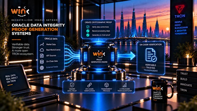 A futuristic promotional graphic for WINk (TRON), displaying an 'ORACLE DATA INTEGRITY PROOF GENERATION SYSTEM' with data sources feeding into a proof generation engine for on-chain verification.