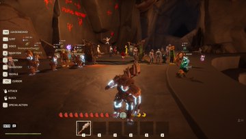 Screenshot from a video game showing a character in a brown, rocky cave environment with other players, red cave paintings, and a health/hunger UI at the bottom showing 70/100.