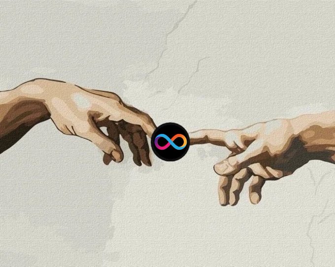 Two hands reaching toward each other in a recreation of Michelangelo's "The Creation of Adam," with a black circular Internet Computer (ICP) infinity logo placed between their nearly touching fingertips. The composition symbolizes the post's message of always choosing $ICP as a transformative, divine connection.