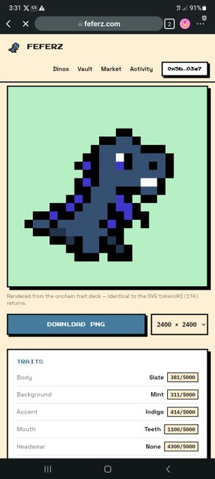 A mobile screenshot of the feferz.com website displaying a pixel art dinosaur NFT with traits including Slate body, Mint background, Indigo accent, Teeth mouth, and no headwear, priced at 0xc5b...03e7.