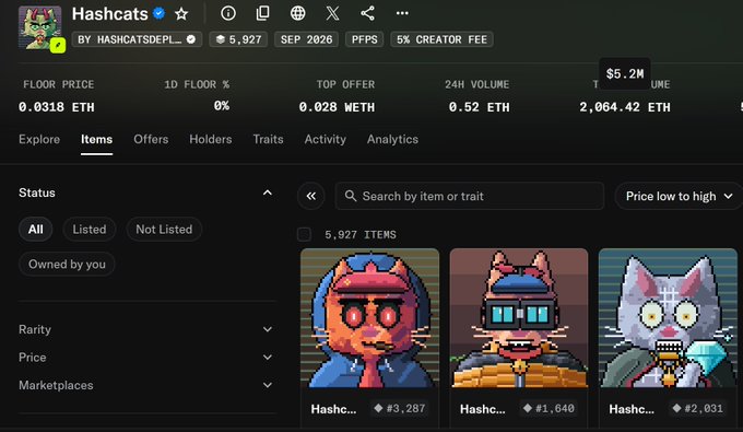 A web interface displays the 'Hashcats' NFT collection with 5,927 items, showing a floor price of 0.0318 ETH and a 24H volume of 0.52 ETH.
