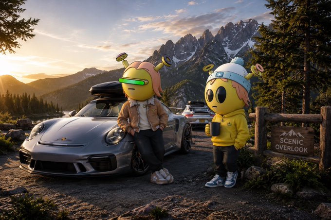 A stylized image showing two cartoonish yellow emoji-like characters standing next to a silver Porsche sports car at a 'Scenic Overlook' with snow-capped mountains in the background at sunset.