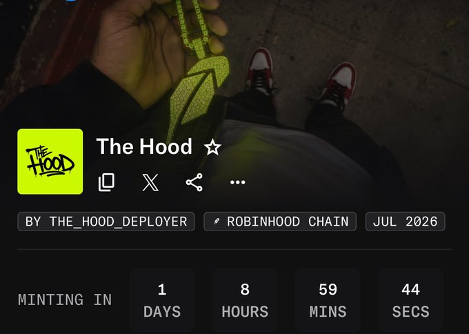 A countdown shows "The Hood" NFT collection on Robinhood Chain minting in 1 day, 8 hours, 59 minutes, and 44 seconds, posted alongside commentary questioning the project's value with a token priced at $470 and NFT at $65.