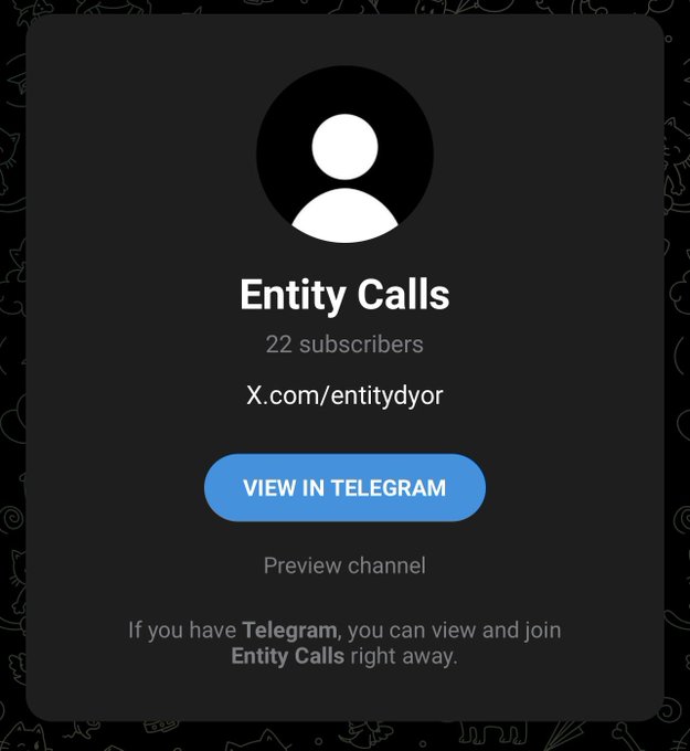 The image displays a Telegram channel preview card for "Entity Calls," showing a generic user avatar, 22 subscribers, and a link to X.com/entitydyor, with a blue "View in Telegram" button inviting users to join. This aligns with the accompanying post promoting the "Entity Calls" Telegram channel, where the author claims to share profitable "COOKS" (crypto calls) and hints at distributing SOL for community participation, directly tying the preview card to the channel being advertised at t.me/Entitycalls.