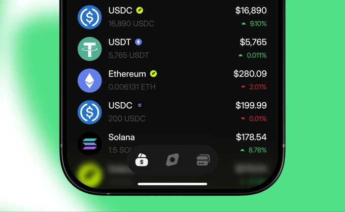 Mobile app screenshot showing cryptocurrency prices including USDC ($16,890), USDT ($5,765), Ethereum ($280.09), USDC ($199.99), and Solana ($178.54) with their percentage changes.