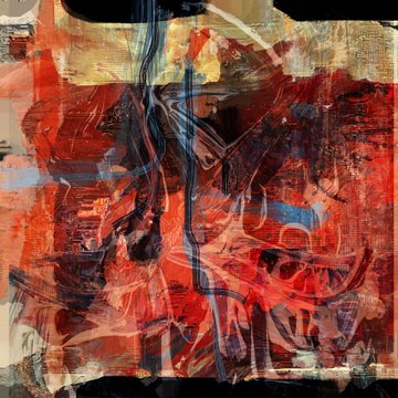 A vibrant abstract digital painting dominated by rich reds, oranges, and deep blues, with layered brushstrokes and flowing lines that embody the fusion of traditional painting techniques and digital processes described in the post. The artwork, titled "Of Becoming" by IshikaGuha2, is presented as part of a six-piece 1/1 collection available on SuperRare for 0.15 ETH and exhibited at Suburbs Gallery.