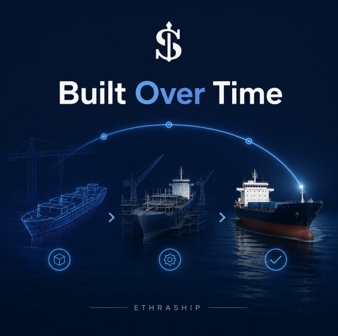 A promotional graphic for 'ETHRASHIP' with the tagline 'Built Over Time' shows the progression of a cargo ship from blueprint wireframe to construction to completed vessel, with a dollar sign logo at the top.