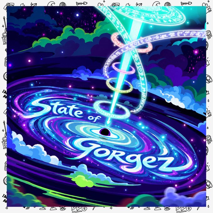 A glowing "State of Gorgerz" logo radiates with cosmic spiral beams in a vibrant purple and teal nebula, visually announcing the project's update. The mystical imagery reflects the post's message that behind-the-scenes development continued despite a team member's brief delay.