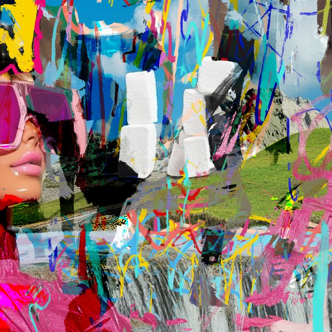 A fragment of a vibrant, abstract mixed-media artwork in progress, featuring colorful paint splashes and overlays of a mountain landscape with a partial portrait of a person wearing sunglasses, accompanying a post teasing the final step of adding textures for an upcoming NFT drop on TransientLabs launching July 25.