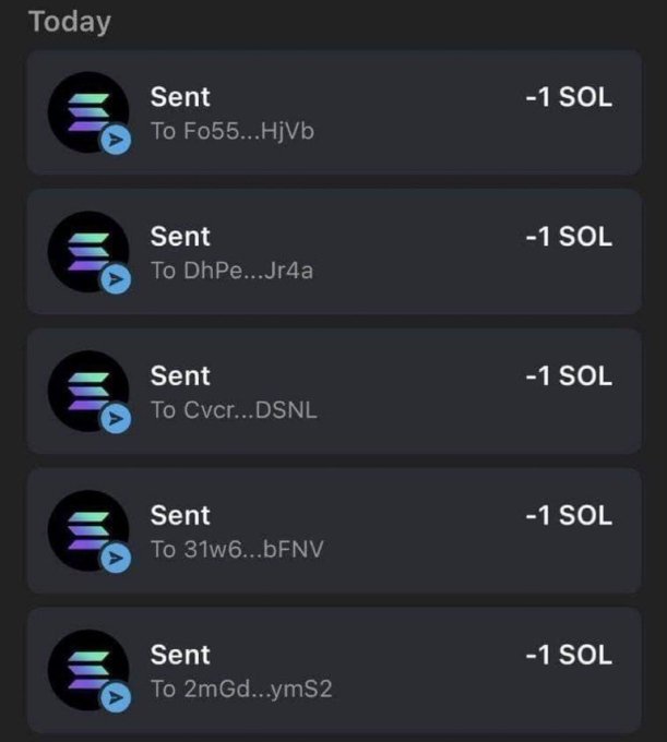 A mobile crypto wallet transaction history displays five separate "Sent" transactions today, each showing "-1 SOL" sent to different recipients (Fo55...HjVb, DhPe...Jr4a, Cvcr...DSNL, 31w6...bFNV, and 2mGd...ymS2). The image illustrates an airdrop claim in progress, where the user is sending 1 SOL each to multiple unique Solana wallet addresses, consistent with a distribution limited to the first 2,300 claimants.