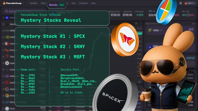 A PancakeSwap "Stocks Terminal" reveals today's mystery stocks as SPCX, SKHY, and MSFT, featuring the platform's bunny mascot holding a coffee alongside coins for SpaceX and Microsoft, while listing the swap pool address (0x...3934) and winner handles like @Serene0399 and @kryptraza56814.