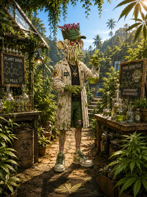 A detailed digital artwork of a zombie-like character in a lab coat standing in a lush jungle setting, holding a flask of green liquid near signs reading 'PLANT OVER PILLS' and 'PURE GENETICS EXPERIMENT IN PROGRESS', with a 'TOXIC VIBES' biohazard barrel nearby.