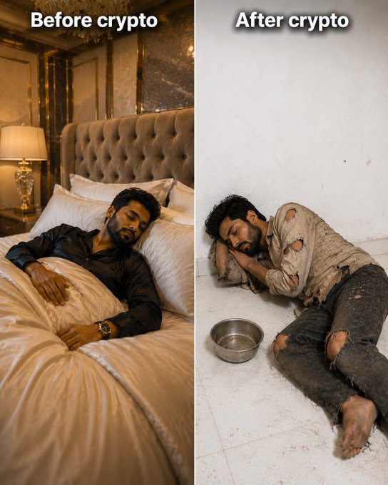 The image shows a "Before crypto / After crypto" meme contrasting a well-dressed man sleeping comfortably in a luxurious bedroom with the same man appearing destitute, wearing torn clothes, and lying on the floor next to an empty bowl. The "GN" (good night) caption suggests the poster is signing off with a self-deprecating joke about their crypto investments leaving them financially ruined.