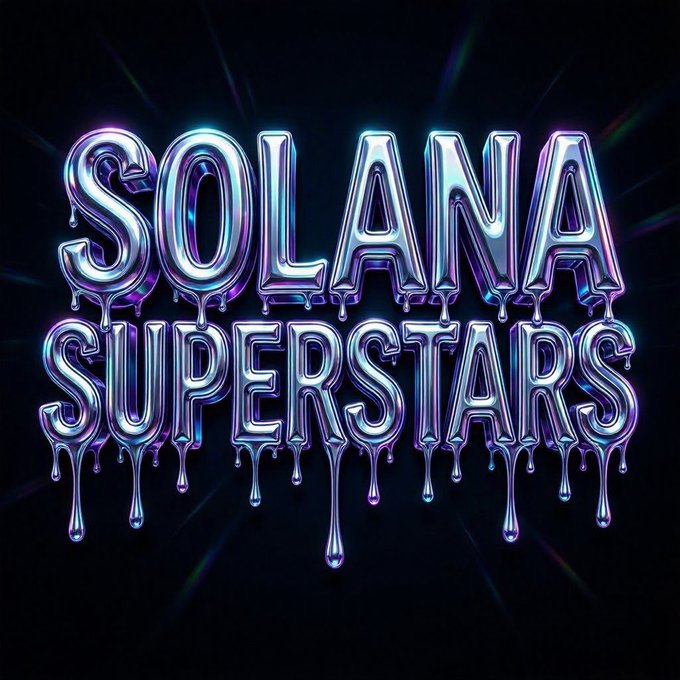 The image features a digital illustration of the text "Solana Superstars" written in a metallic font that appears to be dripping or melting onto a black background. The words are arranged in a way that they seem to be falling off the page, creating an effect similar to a waterfall or a fountain. This artistic representation of the text adds a creative and visually appealing touch to the post.