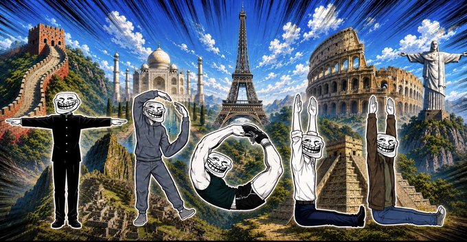 Five trollface meme figures pose in front of famous world landmarks including the Great Wall, Taj Mahal, Eiffel Tower, Colosseum, and Christ the Redeemer statue.