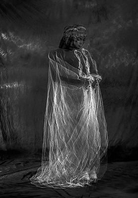 A black-and-white photograph features a person wearing a crown of leaves and draped in a translucent veil, evoking the ethereal nature of the artwork titled "Happiness Is Like A Butterfly" by Margaret Ngigi, which was collected by 0xMQQ on objktcom. The image's dreamlike quality and delicate fabric reflect the fleeting, transient themes often explored in Ngigi's art.