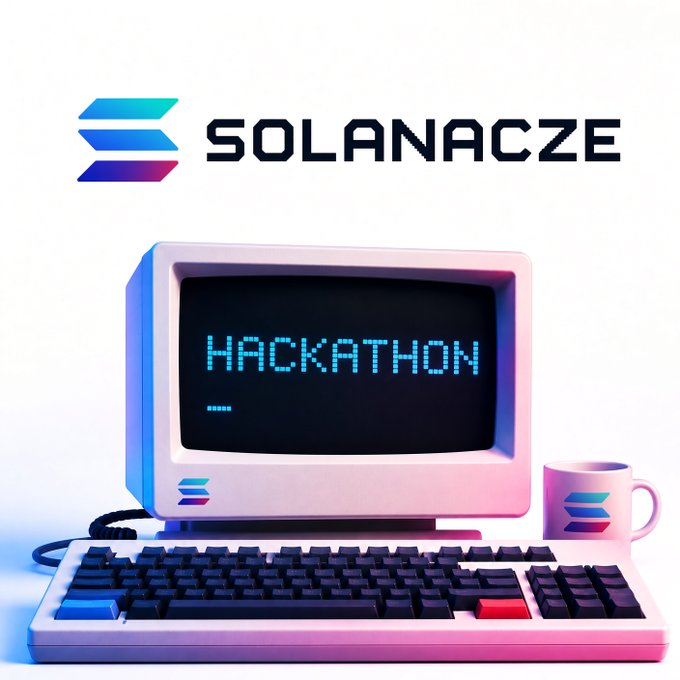 A retro-style graphic features a pink vintage computer monitor displaying the word 'HACKATHON' in pixelated text on its screen, accompanied by a keyboard, a mug, and the logo 'SOLANACZE' at the top.