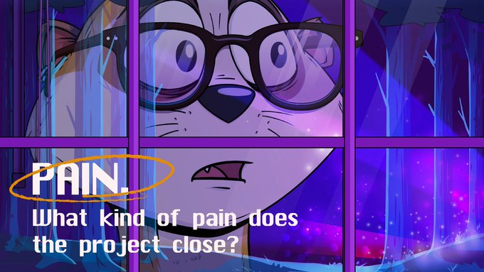 A cartoon dog wearing glasses looks through a window with a concerned expression, overlaid with the word "PAIN." circled in orange and the question "What kind of pain does the project close?" The image visually emphasizes the emotional pain associated with depression and anxiety, aligning with the post's discussion of how the blockchain platform Timesoul addresses mental health struggles.