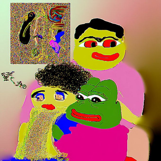 A crude, colorful digital drawing featuring distorted cartoon faces with exaggerated features, including a yellow face with red eyes and a green frog-like face, alongside a grainy, abstract image in the corner.