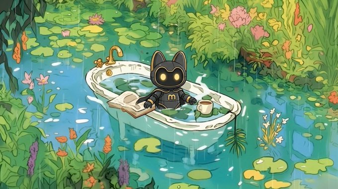 An illustrated scene shows a black cat-like robotic figure with an 'M' logo relaxing in a white bathtub filled with water lilies, surrounded by lush greenery and flowers while reading a book and drinking from a mug.