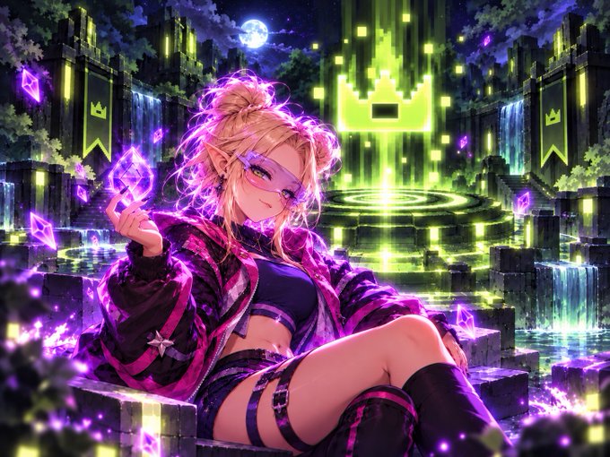 An anime-style illustration of a blonde female character wearing a mask and dark clothing, sitting in a mystical environment with glowing green and purple crystals.