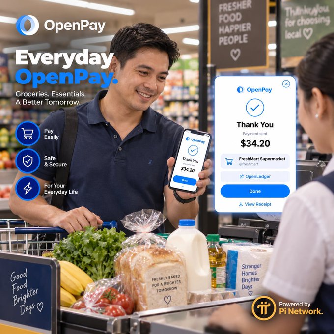 An advertisement for 'OpenPay' showing a smiling man at a grocery checkout with his phone displaying a 'Thank You' payment confirmation for $34.20, with the tagline 'Everyday OpenPay. Groceries. Essentials. A Better Tomorrow.'