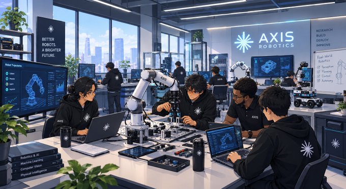 A futuristic office or laboratory setting labeled 'AXIS ROBOTICS' with the slogan 'BETTER ROBOTS A BRIGHTER FUTURE,' where several people in hoodies work on robotic arms and laptops.