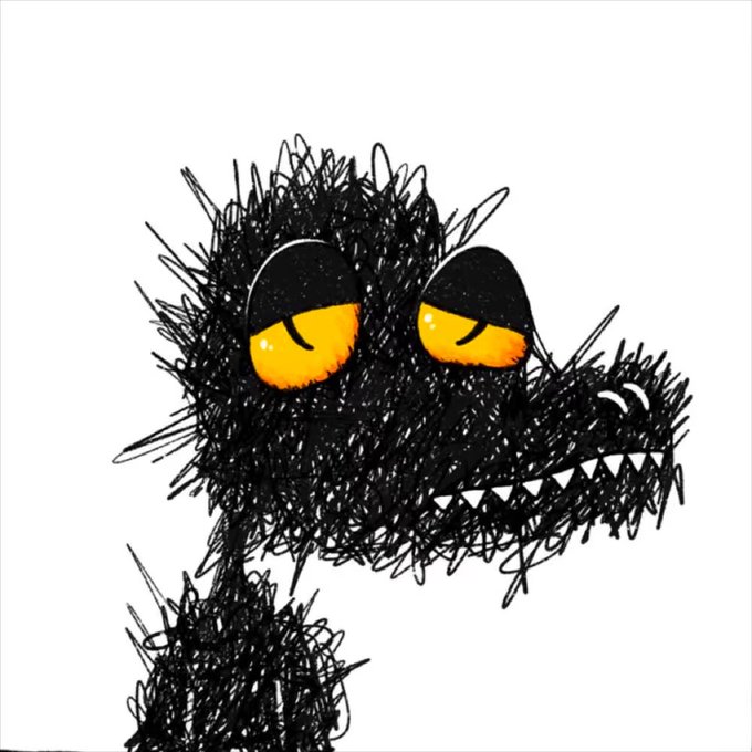 A black, heavily scribbled cartoon-style drawing of a dragon or dinosaur head featuring large expressive orange irises.
