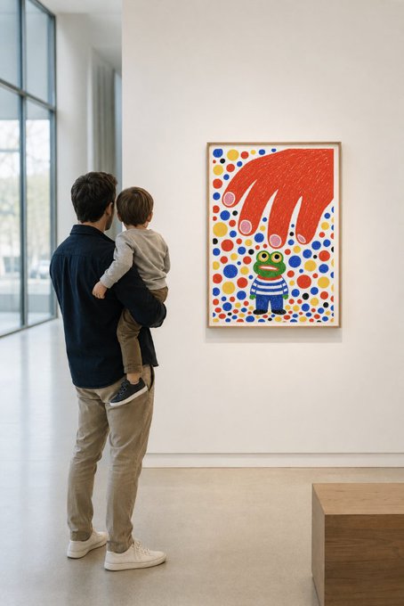 A father holding his young son views a colorful art print in a gallery featuring a large red hand and a green frog character surrounded by dots.