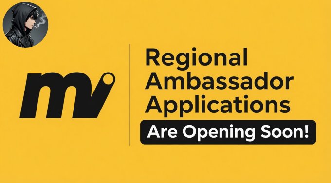 The image features a yellow banner with black text that reads "Moove Regional Ambassador Applications Open Soon! Ready to lead the growth of @moovexyz in your region and help expand the local community?" The banner also includes an image of a person wearing a hoodie, possibly representing the regional ambassador.
