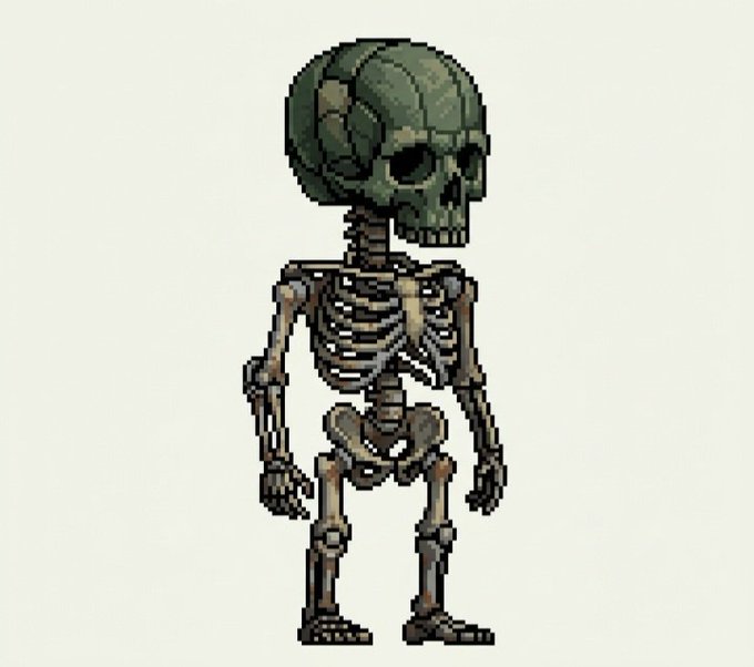 A stylized skeleton with an enlarged green skull stands against a plain white background.